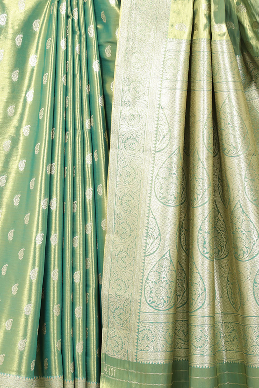 Teal & Gold Dual Toned Silk Woven Saree - Image 2
