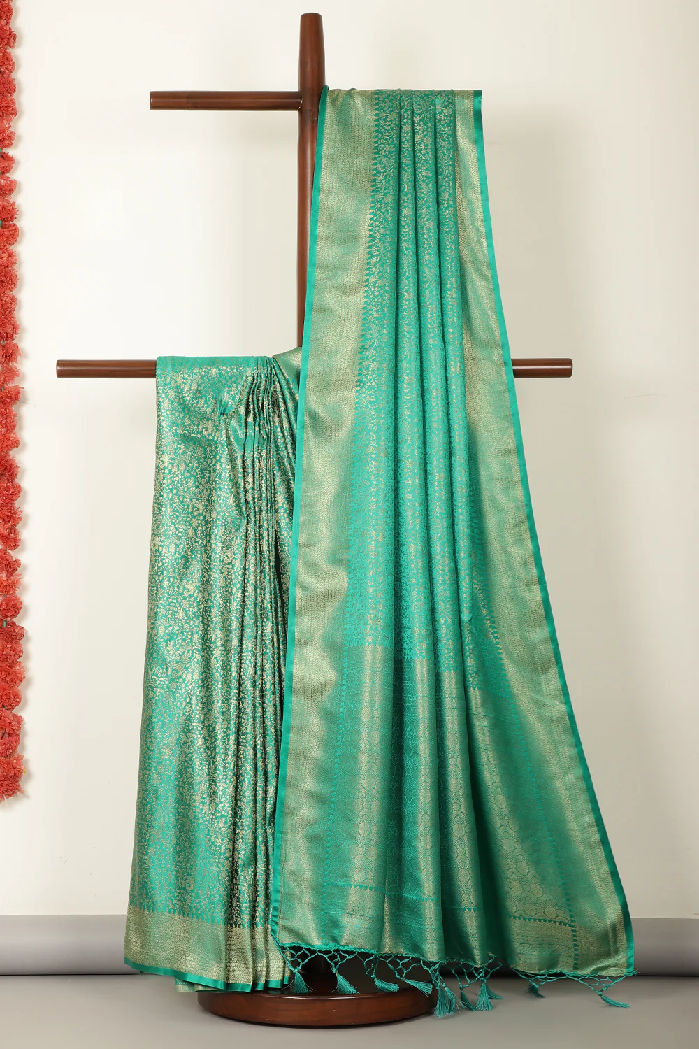 Teal Green Zari Woven Soft Silk Saree - Image 3