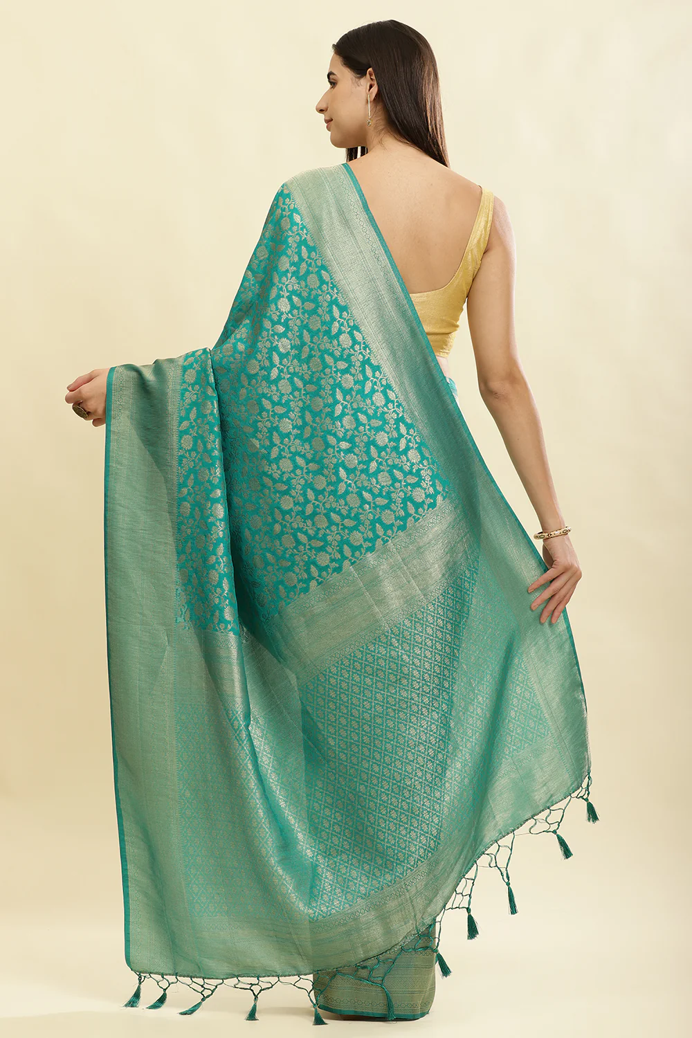 Teal Lightweight Banarasi Silk Weaving Saree - Image 3