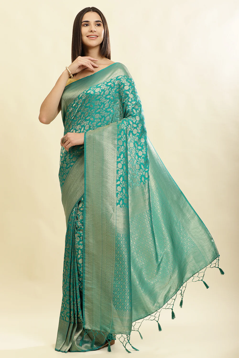 Teal Lightweight Banarasi Silk Weaving Saree - Image 4