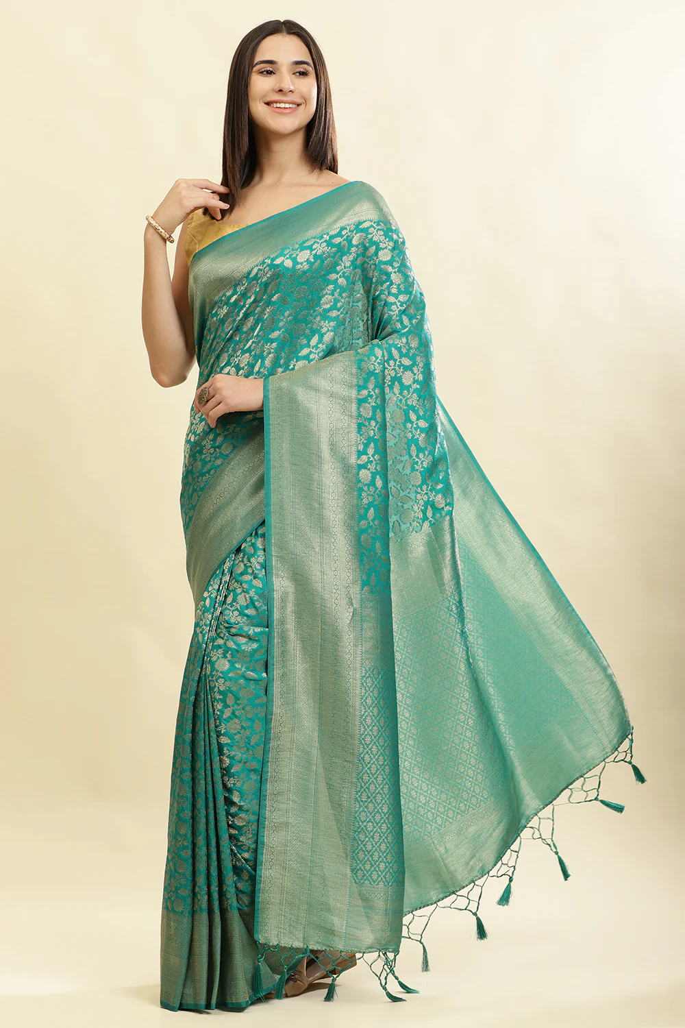 Teal Lightweight Banarasi Silk Weaving Saree - Image 5