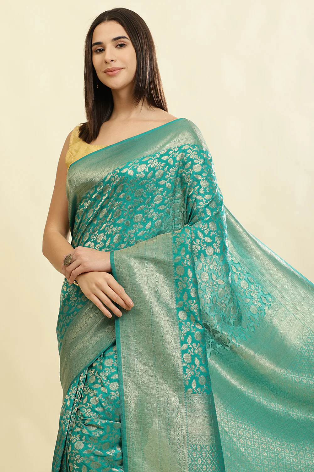 Teal Lightweight Banarasi Silk Weaving Saree - Image 7