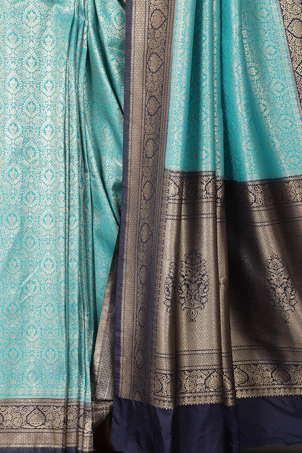 Teal & Navy Dual Toned Soft Silk Zari Woven Saree - Image 4