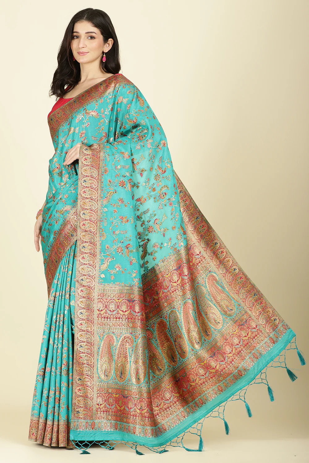 Teal Silk Madhubani Woven Saree - Image 6