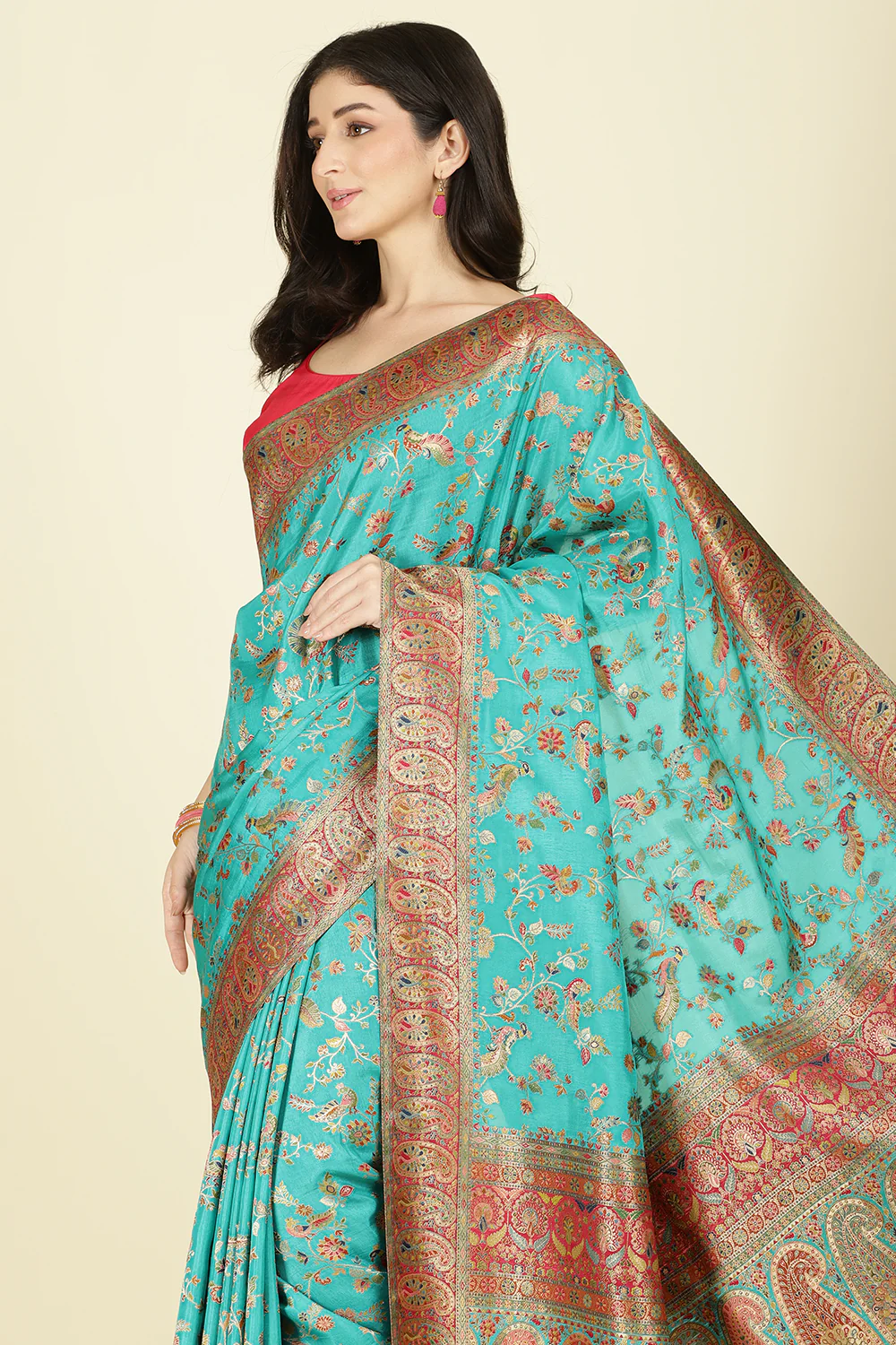 Teal Silk Madhubani Woven Saree - Image 7