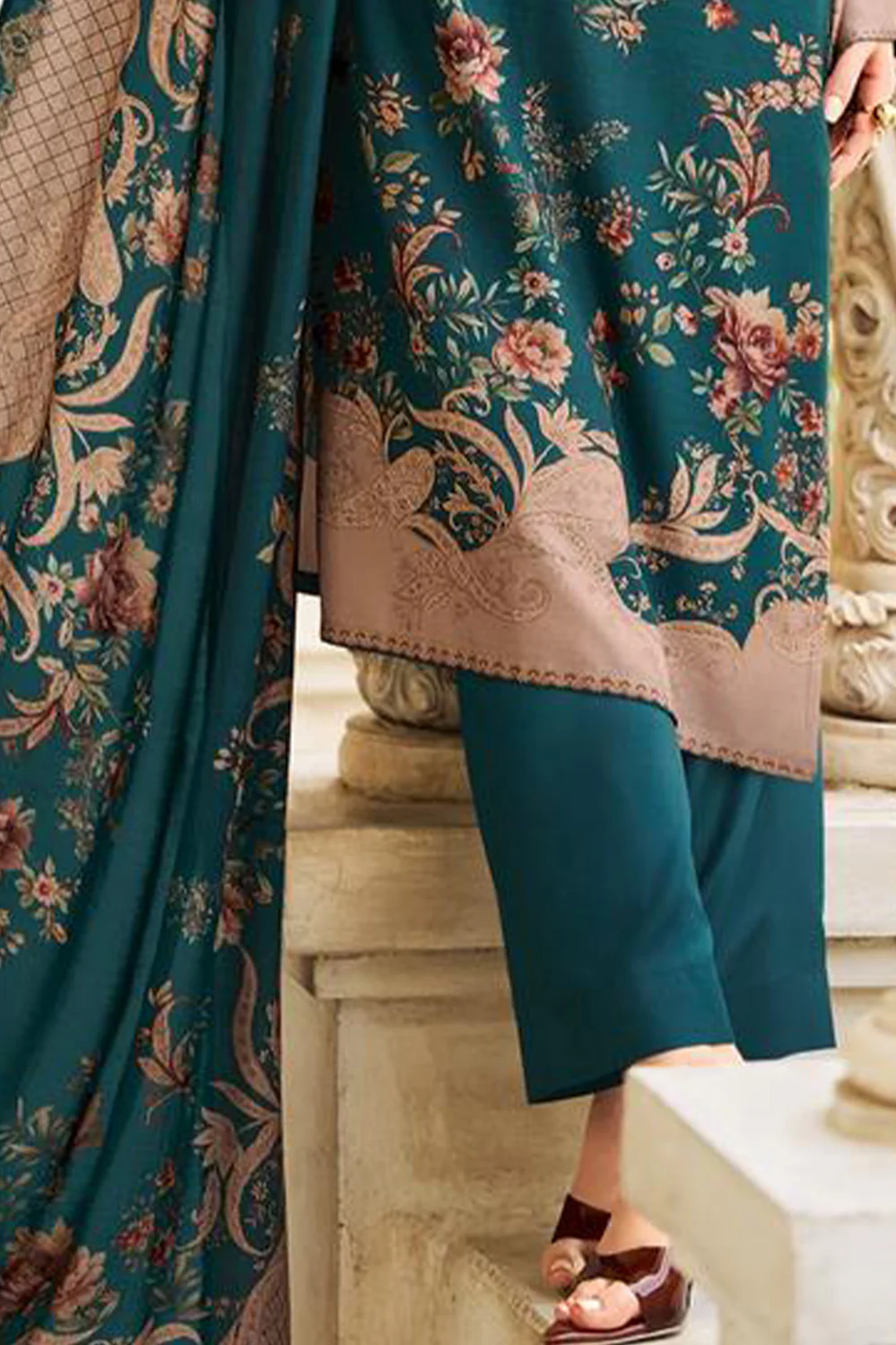 Teal Spun Floral Printed Unstitched Suit Fabric - Image 2