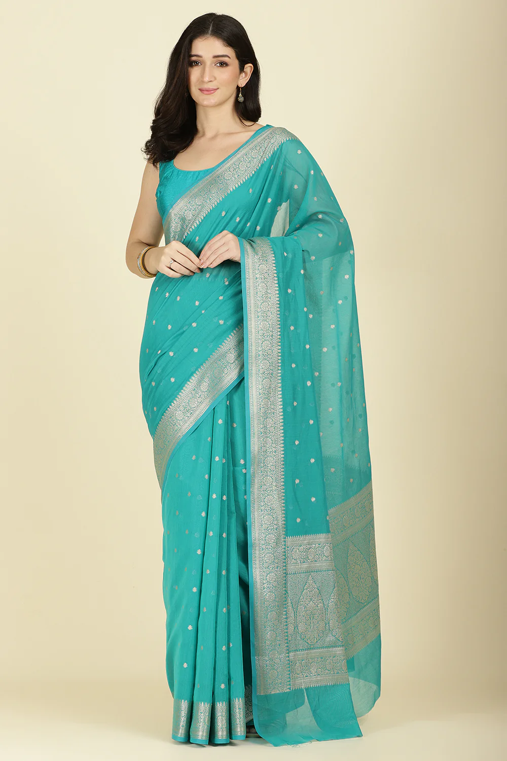 Teal Zari Woven Cotton Silk Saree - Image 3