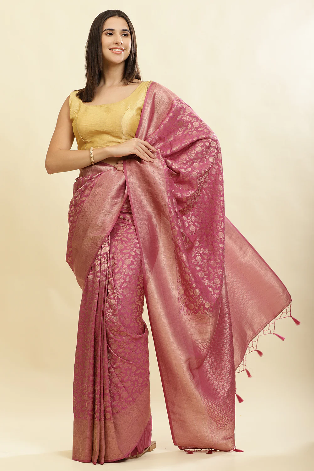 Tulip Pink Lightweight Banarasi Silk Weaving Saree - Image 4
