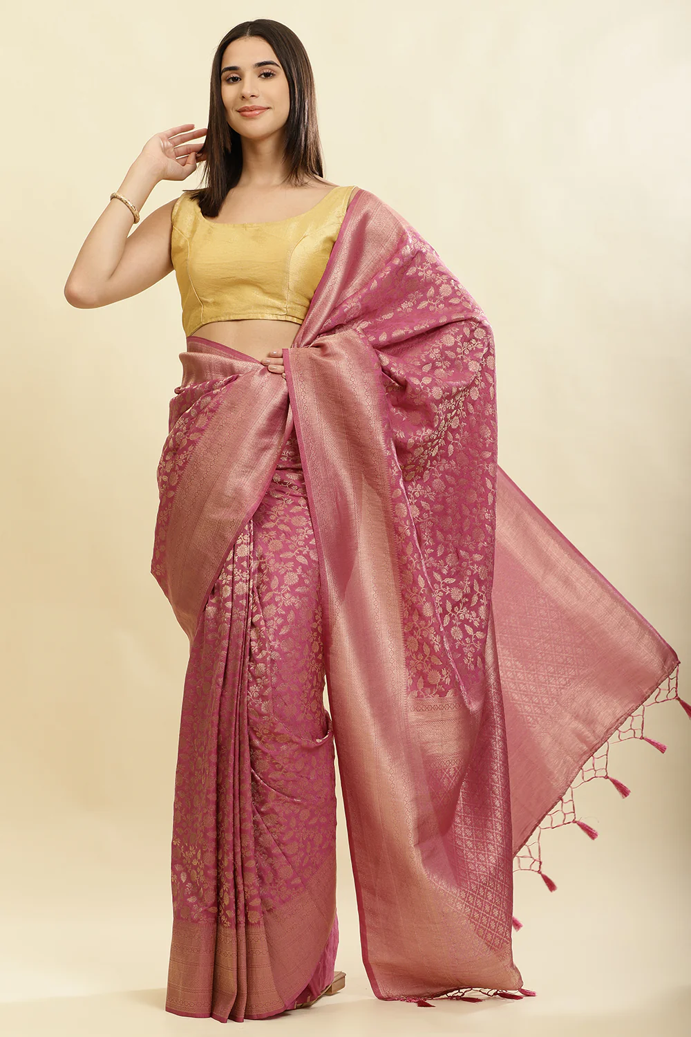 Tulip Pink Lightweight Banarasi Silk Weaving Saree - Image 5