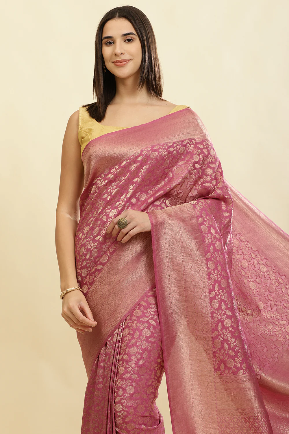 Tulip Pink Lightweight Banarasi Silk Weaving Saree - Image 6