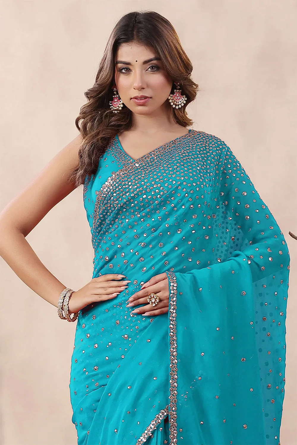 Turquoise Color Embroidered Georgette Saree With Readymade Blouse - Image 3