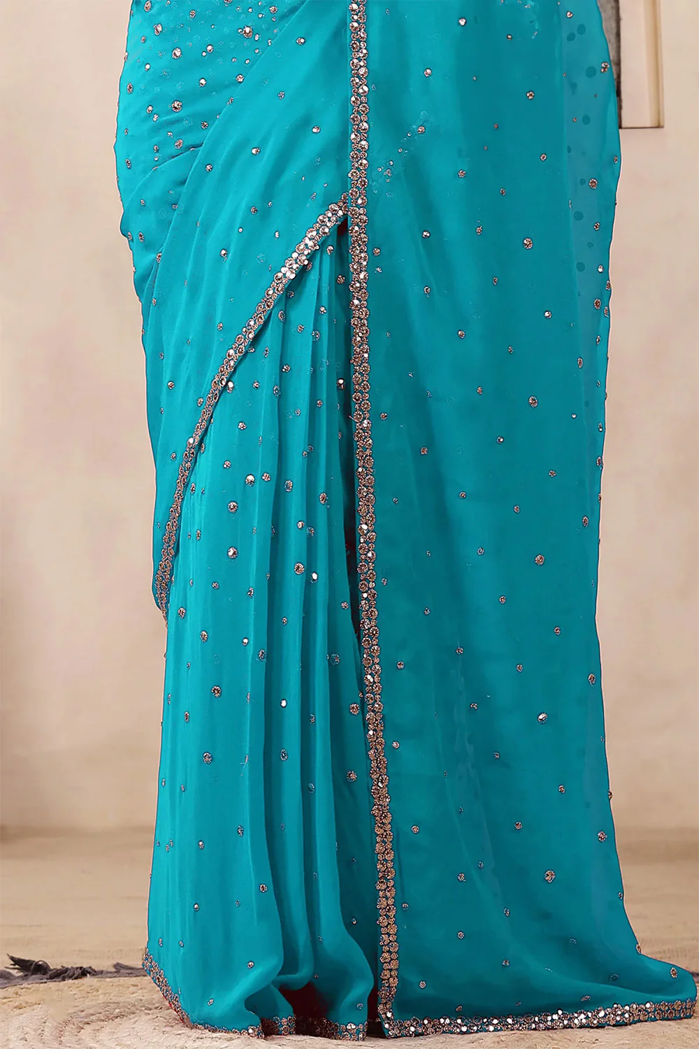 Turquoise Color Embroidered Georgette Saree With Readymade Blouse - Image 4