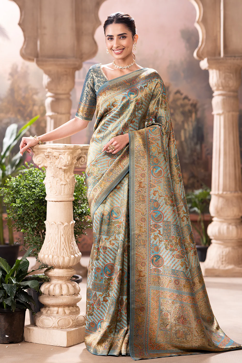 Turquoise Position Print Woven Silk Saree - Image 2