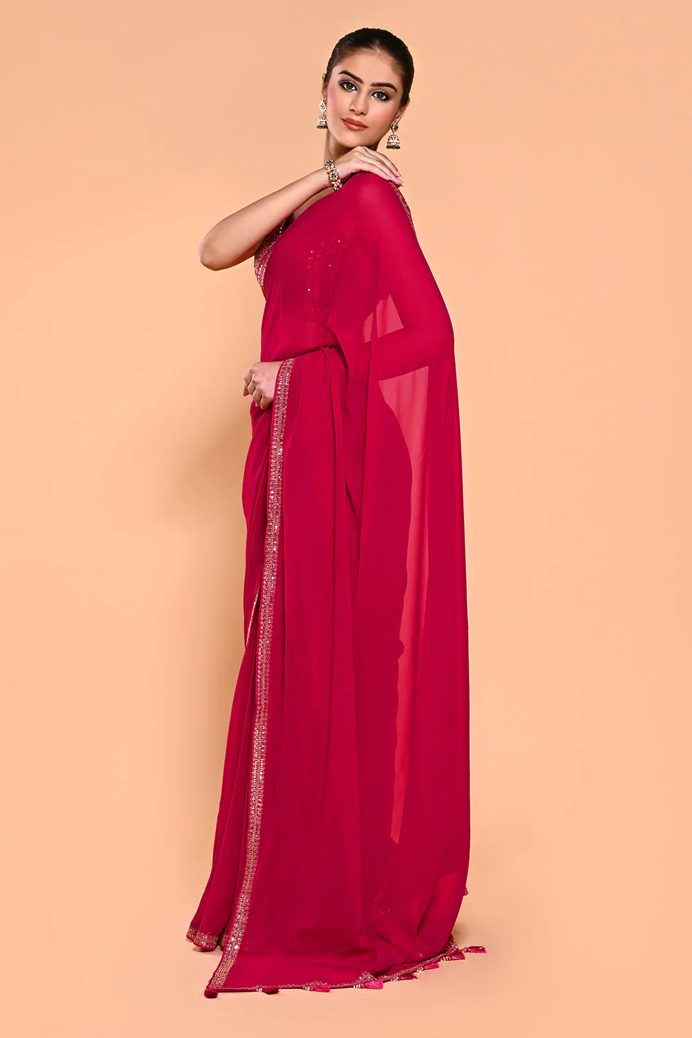 Valentine Red Color Georgette Saree With Readymade Blouse - Image 3