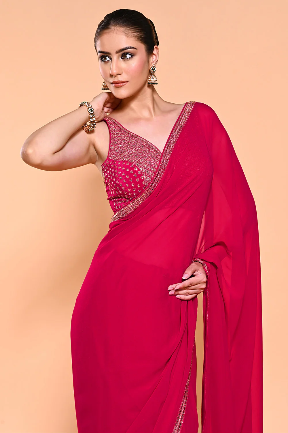 Valentine Red Color Georgette Saree With Readymade Blouse - Image 4