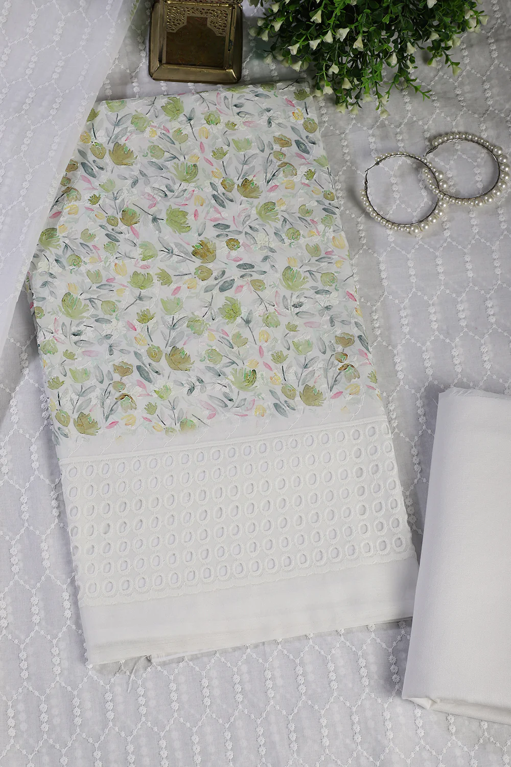 White & Green Cotton Floral Printed and Resham Embroidered Unstitched Suit Material