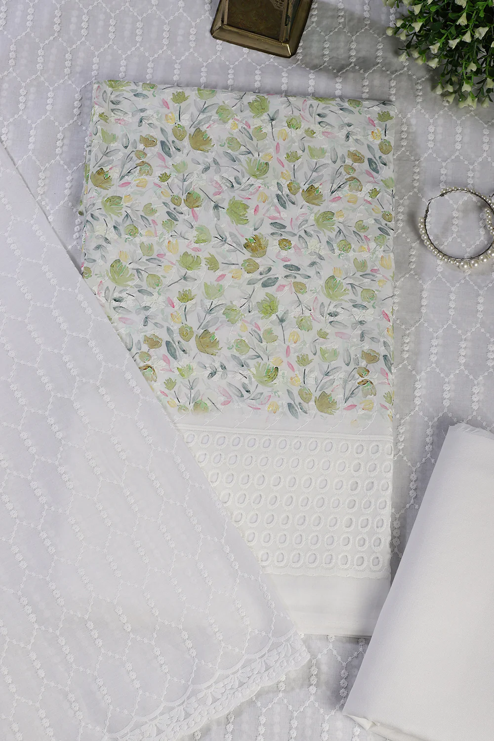 White & Green Cotton Floral Printed and Resham Embroidered Unstitched Suit Material - Image 5