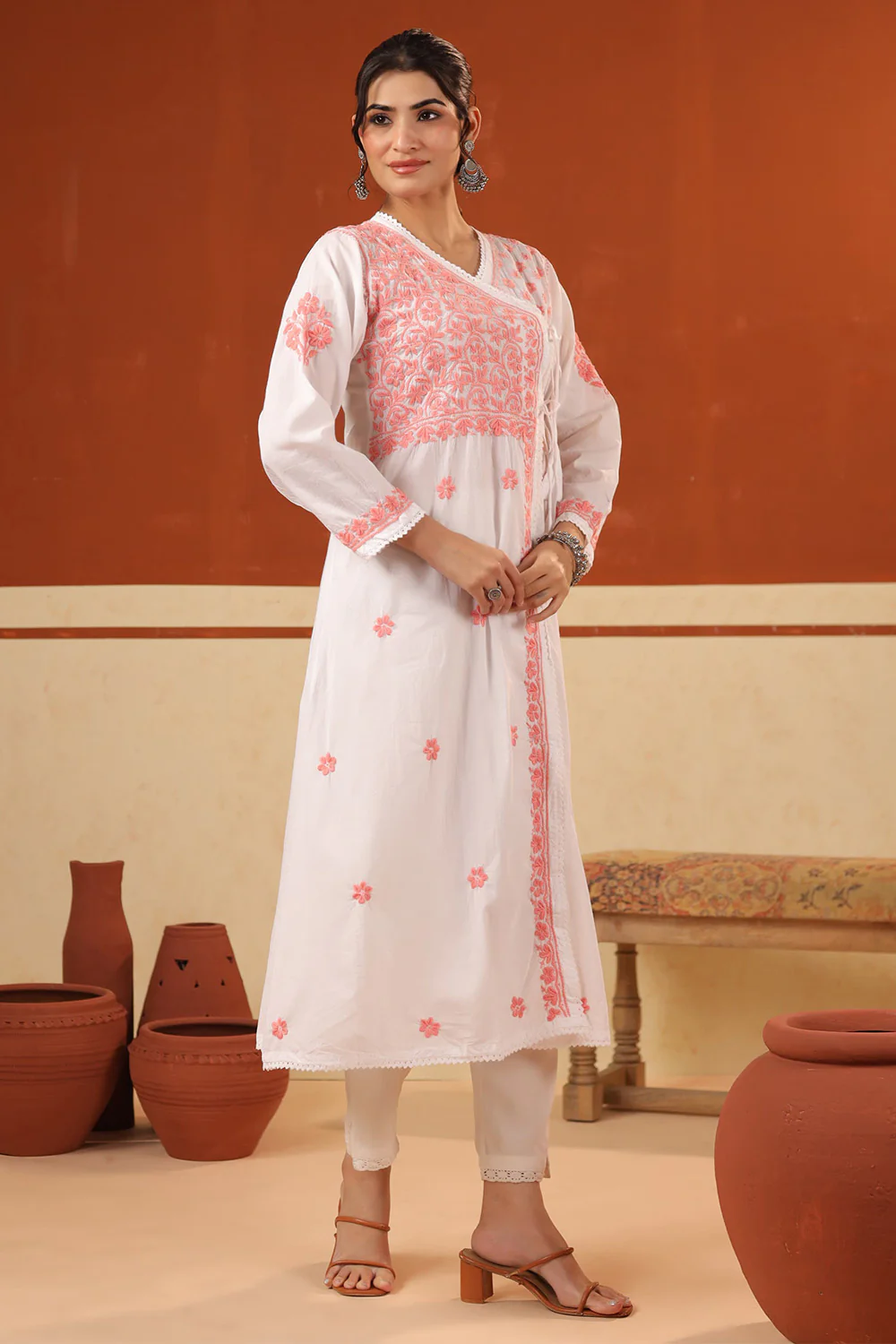 White & Light Pink Cotton Resham Embroidered Angrakha Style Kurta - Image 3
