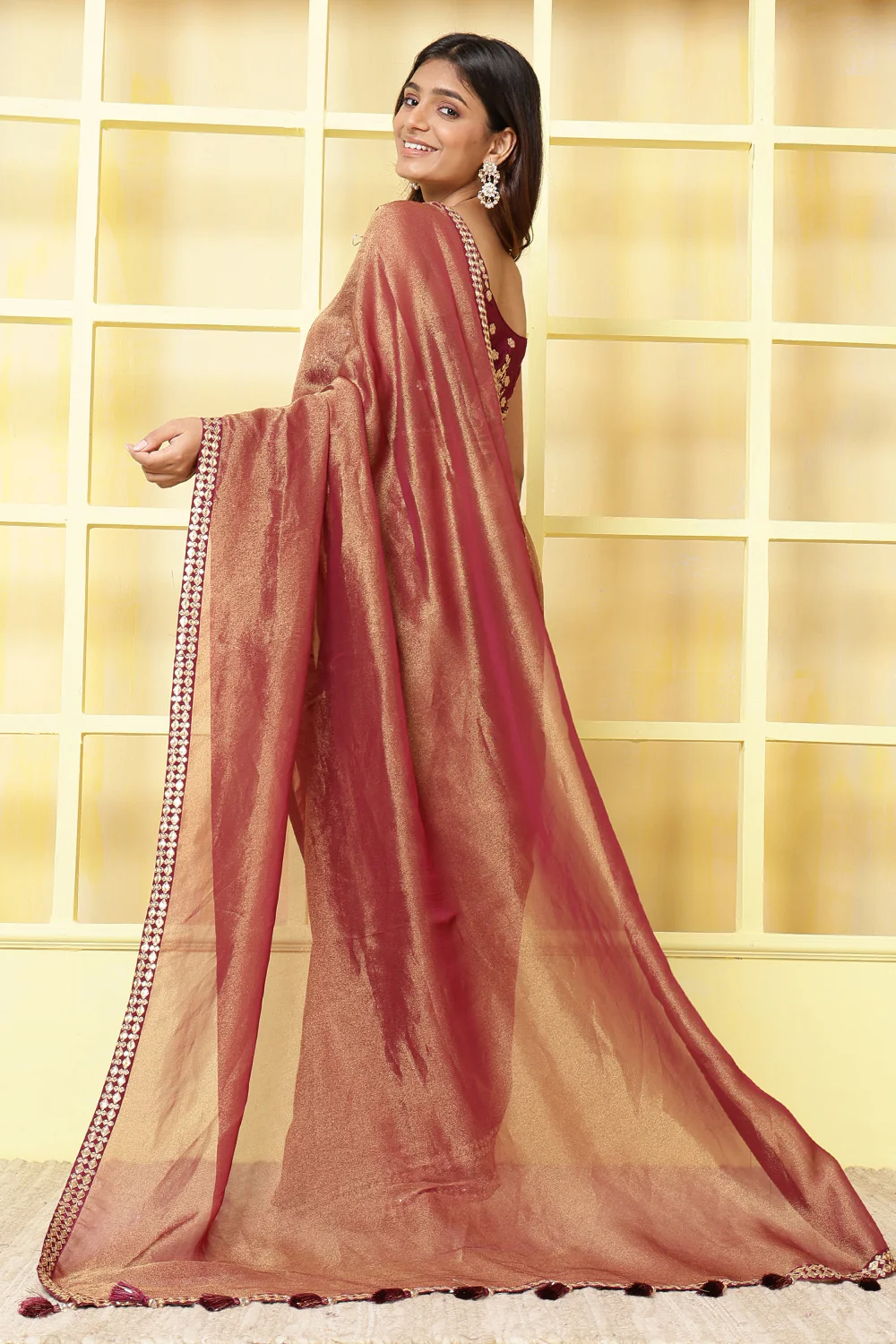 Wine Color Metallic Tissue Sequins &amp; Zari Embroidered Saree with Readymade Blouse - Image 4
