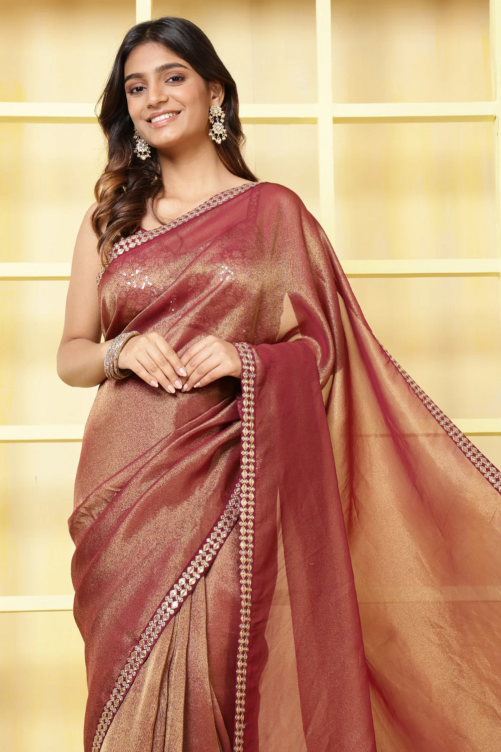 Wine Color Metallic Tissue Sequins &amp; Zari Embroidered Saree with Readymade Blouse - Image 6