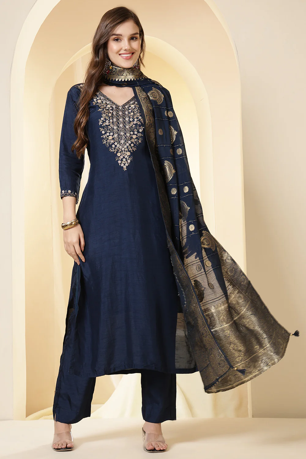 Wine Color Silk Suit Set With Neck Embroidered - Image 2