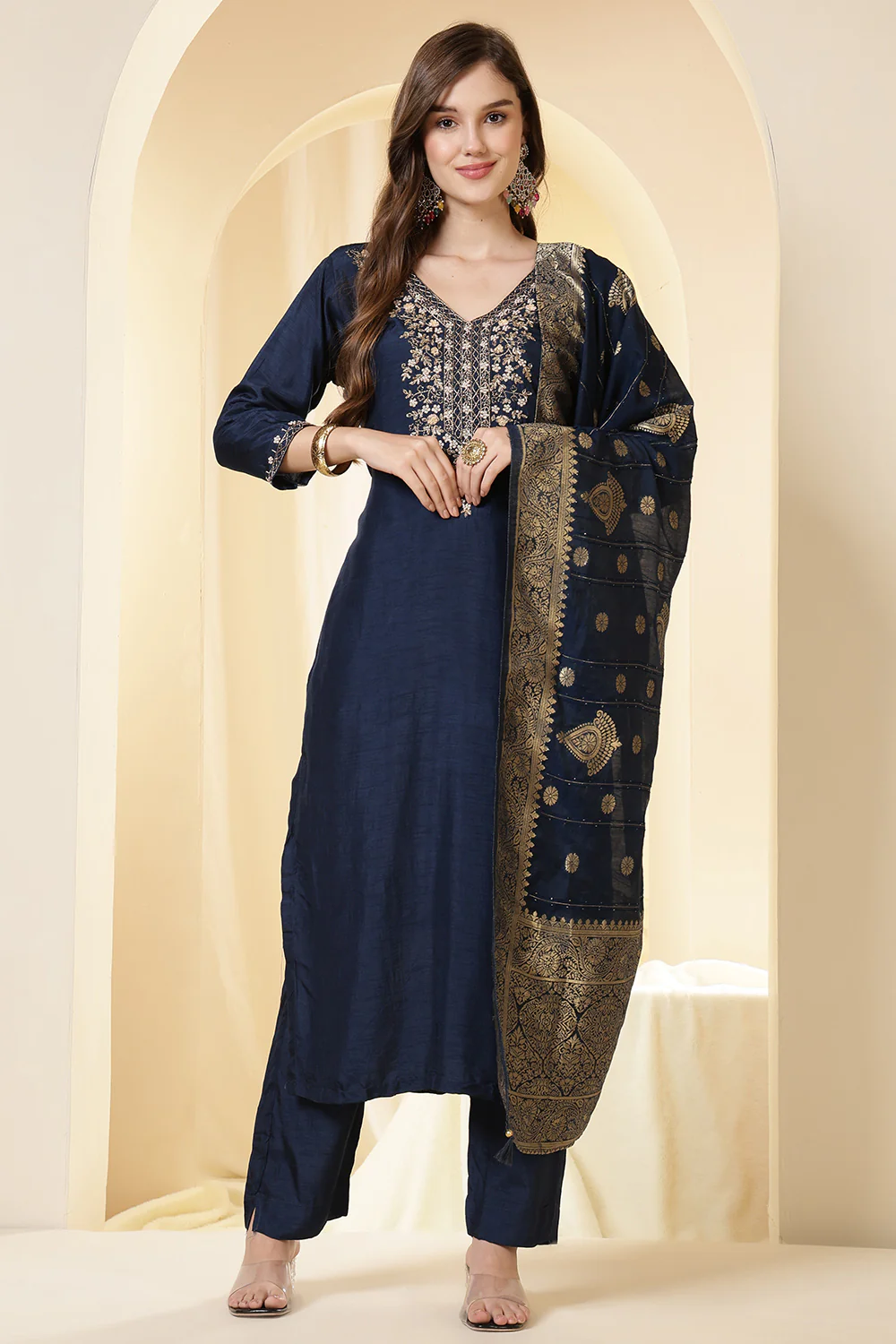 Wine Color Silk Suit Set With Neck Embroidered - Image 3
