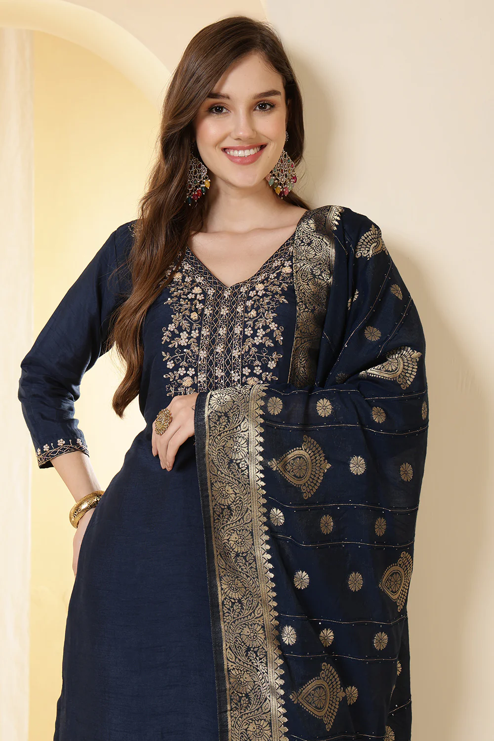 Wine Color Silk Suit Set With Neck Embroidered - Image 6