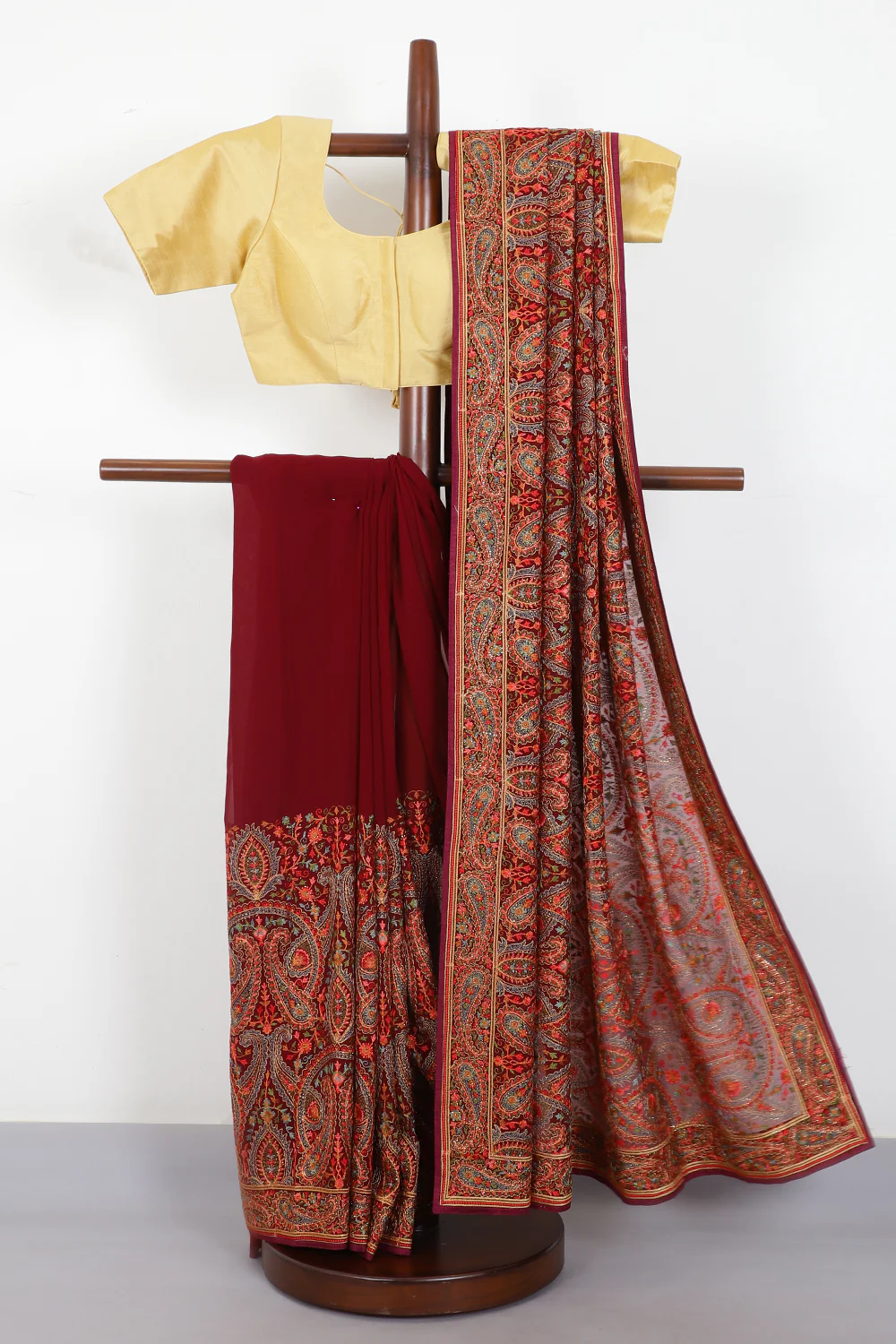 Wine Georggette Resham Embroidered And Swaroski Work Saree - Image 4